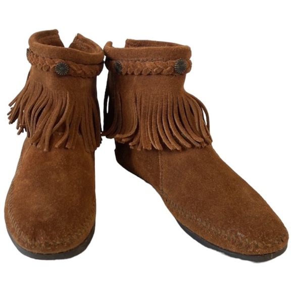 Minnetonka 292 Bootie Moccasins - Zip Heel Brown Suede Fringe Great Condition - Picture 1 of 14